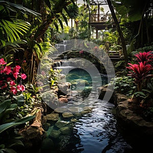 Tropical Oasis: Immerse Yourself in Refreshing Waterfalls, Vibrant Orchids in Bloom