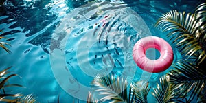 Tropical oasis with a pink inflatable ring in a serene pool