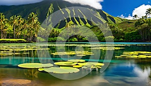 Tropical Oasis: Serene Lake and Palms in Hawaii