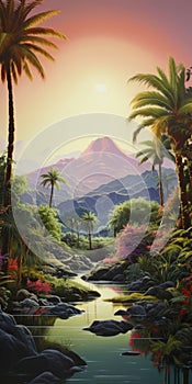 Tropical Oasis: Vibrant Oil Painting Of Palm Trees, River, And Mountains