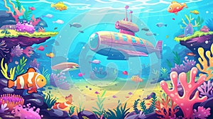 Tropical ocean bottom scene with bathyscaphe, seaweed, corals, fish, corals and marine animals. Modern cartoon