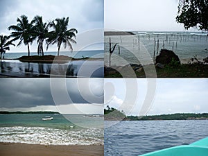 Tropical ocean before the storm, stormy weather. Collage of four photos to advertise travel