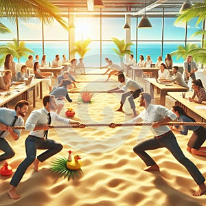 A tropical office with employees playing a competitive game o