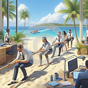 A tropical office with employees playing a competitive game o