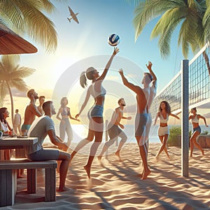 A tropical office with employees playing a game of beach volle photo