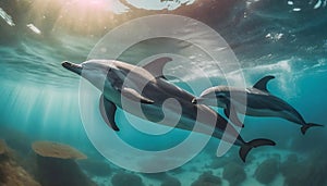 Tropical open water with wild dolphins swimming underwater, tropical animal, marine sea ocean theme