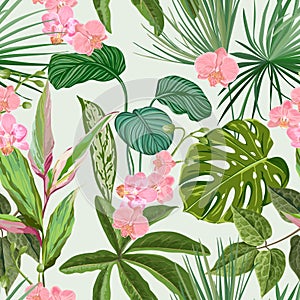 Tropical Orchid, Philodendron and Monstera Seamless Background, Floral Print with Exotic Pink Flowers and Jungle Leaves