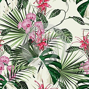 Tropical orchid, protea flowers seamless pattern with bright green leaves. Exotic tropical garden for wedding invitations.