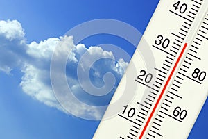 Tropical outdoor temperature on the thermometer photo
