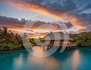 Tropical overwater bungalow at sunset