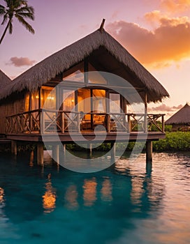 Tropical overwater bungalow at sunset