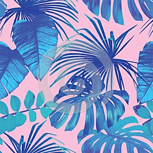 Tropical palm, banana leaves in blue style