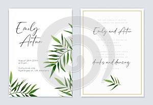 Tropical palm greenery leaf wedding invite card. Green leaves, golden frame, border decoration. Stylish, elegant, minimalist