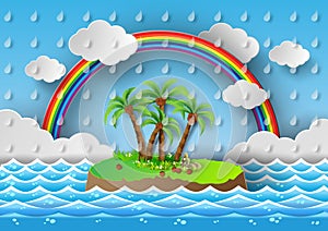 Tropical palm on island with sea and rainbow.vector illustration