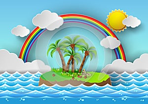 Tropical palm on island with sea and rainbow.vector illustration