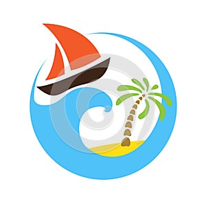Tropical palm on island with sea and sailboat. Vector logo.