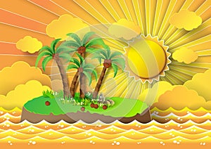 Tropical palm on island with sea and sunbeam.vector illustration