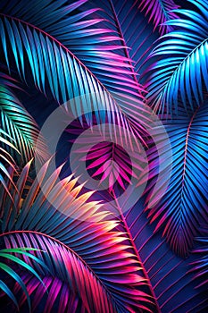 Tropical palm leaf background, neon glow color toned photo