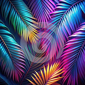 Tropical palm leaf background, neon glow color toned photo