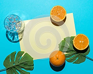 Tropical palm leaf with sliced orange on bright blue background. Minimal summer composition. Flat lay