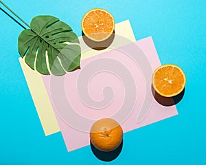 Tropical palm leaf with sliced orange on bright blue background. Minimal summer composition. Flat lay