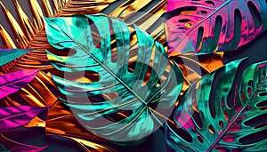 Tropical and palm leaves in bright bold holographic colors. Generate Ai.