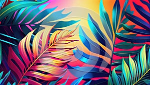 Tropical and palm leaves in bright bold holographic colors. Generate Ai.