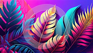 Tropical and palm leaves in bright bold holographic colors. Generate Ai.