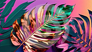 Tropical and palm leaves in bright bold holographic colors. Generate Ai.