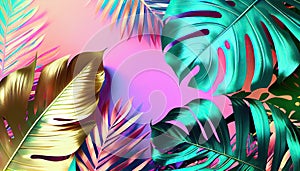 Tropical and palm leaves in bright bold holographic colors. Generate Ai.