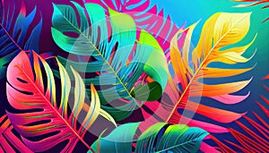 Tropical and palm leaves in bright bold holographic colors. Generate Ai.