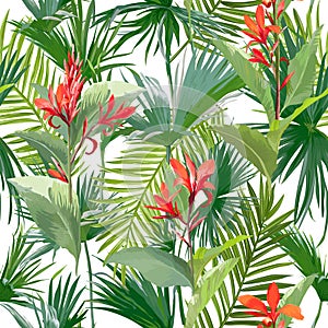 Tropical Palm Leaves and Flowers, Jungle Leaves Seamless Floral Pattern Background