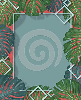 Tropical palm leaves frame on coral backdrop. Summer tropical leaf. Exotic hawaiian jungle, summertime background. Pastel