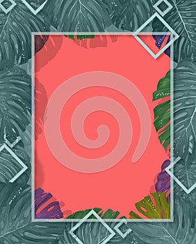 Tropical palm leaves frame on coral backdrop. Summer tropical leaf. Exotic hawaiian jungle, summertime background. Pastel