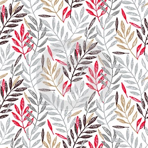 Tropical palm leaves in grey, red and gold colors, seamless foliage pattern