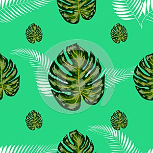 Tropical palm leaves, jungle leaf seamless floral pattern background.