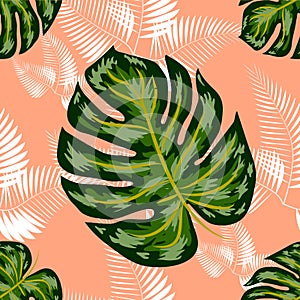 Tropical palm leaves, jungle leaf seamless floral pattern background.