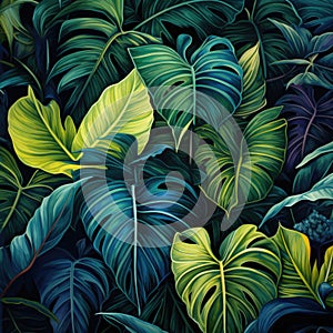 Tropical palm leaves, jungle leaf seamless floral pattern background. AI Generation