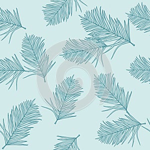 Tropical palm leaves, light blue background. Vector seamless pattern. Jungle foliage illustration. Exotic plants. Summer beach flo