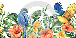 Tropical palm leaves, monstera and flowers of plumeria, hibiscus, bright with blue-yellow macaw parrot. Hand drawn