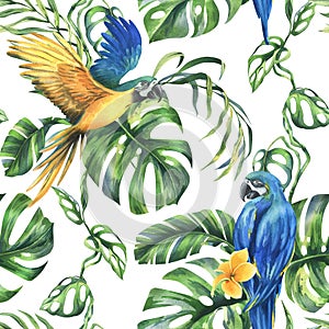 Tropical palm leaves, monstera and flowers of plumeria, hibiscus, bright juicy with blue-yellow macaw parrot. Hand drawn