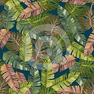 Tropical palm leaves and monstera, jungle leaf vector seamless floral pattern background