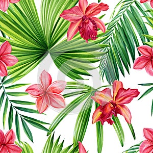 Tropical palm leaves, orchid and plumeria flowers, watercolor botanical illustration. Seamless patterns.