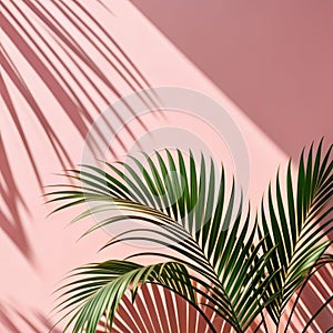 Tropical palm leaves on pastel pink background. Minimal summer concept.