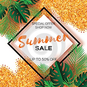 Tropical palm leaves, plants. Trendy Summer Sale Template banner. Paper cut art Exotic. Hawaiian. Text. Rhombus frame