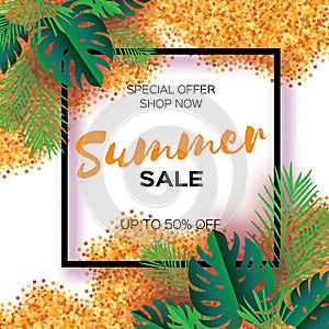 Tropical palm leaves, plants. Trendy Summer Sale Template banner. Paper cut art Exotic. Hawaiian. Text. Square frame