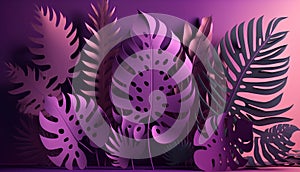 Tropical palm leaves on purple background. 3D illustration.