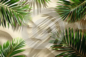 Tropical Palm Leaves on Sandy Beach Background photo