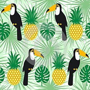 Tropical palm leaves with toucans and pineapples seamless pattern.