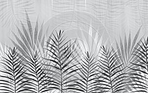 Tropical palm leaves wallpaper. Trendy interior mural sunset colours.Fresco concept. Watercolor and artist brushes.